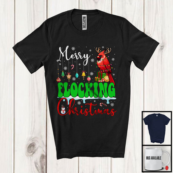 MacnyStore - Merry Flocking Christmas; Cheerful X-mas Lights Santa Cardinal Bird Snowing; Bird Family Group T-Shirt