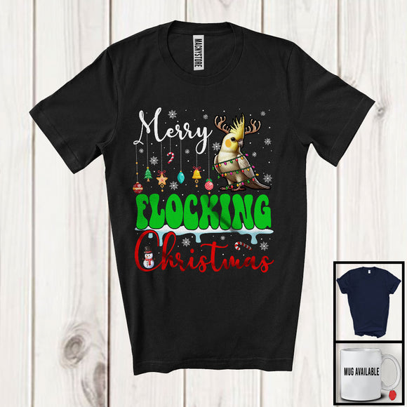 MacnyStore - Merry Flocking Christmas; Cheerful X-mas Lights Santa Cockatiel Snowing; Bird Family Group T-Shirt