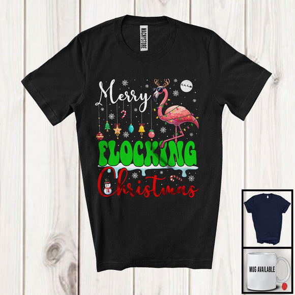 MacnyStore - Merry Flocking Christmas; Cheerful X-mas Lights Santa Flamingo Snowing; Bird Family Group T-Shirt