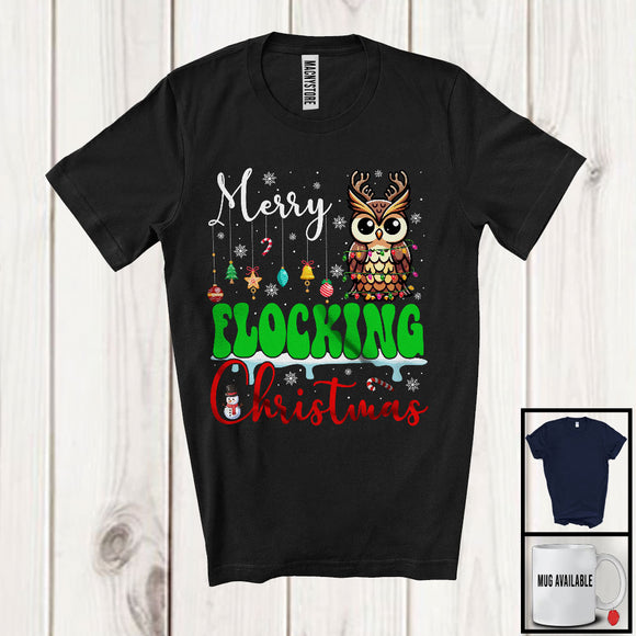 MacnyStore - Merry Flocking Christmas; Cheerful X-mas Lights Santa Owl Snowing; Bird Family Group T-Shirt