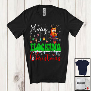 MacnyStore - Merry Flocking Christmas; Cheerful X-mas Lights Santa Parrot Snowing; Bird Family Group T-Shirt