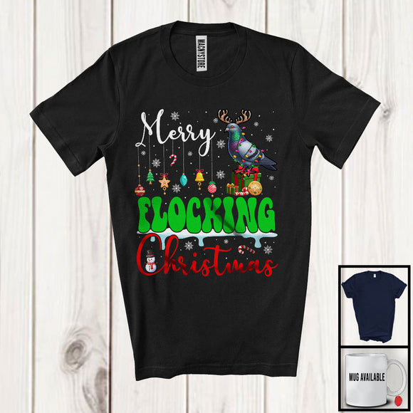 MacnyStore - Merry Flocking Christmas; Cheerful X-mas Lights Santa Pigeon Snowing; Bird Family Group T-Shirt