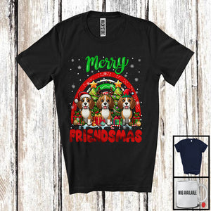 MacnyStore - Merry Friendmas, Amazing Christmas Three Beagle Santa ELF Reindeer, Rainbow Snowing T-Shirt