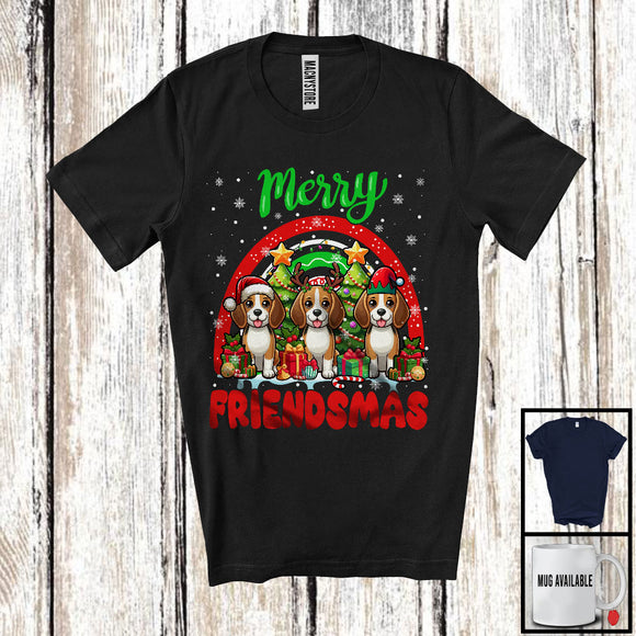 MacnyStore - Merry Friendmas, Amazing Christmas Three Beagle Santa ELF Reindeer, Rainbow Snowing T-Shirt