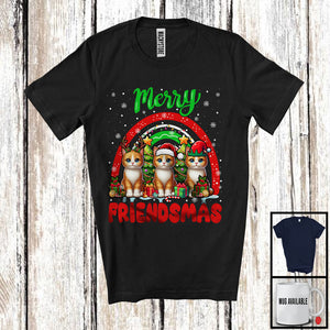 MacnyStore - Merry Friendmas, Amazing Christmas Three Cat Santa ELF Reindeer, Rainbow Snowing T-Shirt