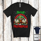 MacnyStore - Merry Friendmas, Amazing Christmas Three Chicken Santa ELF Reindeer, Rainbow Snowing T-Shirt