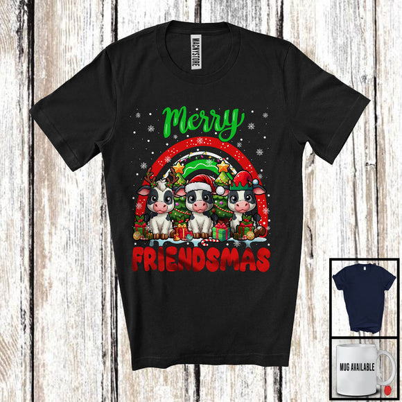 MacnyStore - Merry Friendmas, Amazing Christmas Three Cow Santa ELF Reindeer, Rainbow Snowing T-Shirt