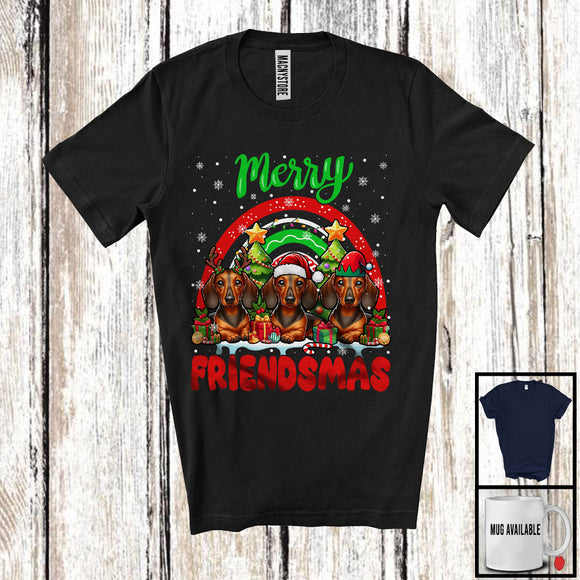 MacnyStore - Merry Friendmas, Amazing Christmas Three Dachshund Santa ELF Reindeer, Rainbow Snowing T-Shirt