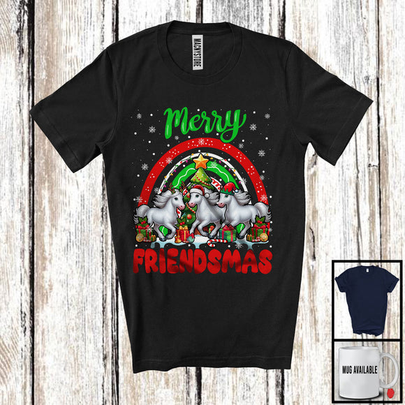 MacnyStore - Merry Friendmas, Amazing Christmas Three Horse Santa ELF Reindeer, Rainbow Snowing T-Shirt