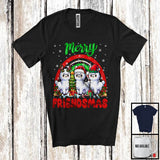 MacnyStore - Merry Friendmas, Amazing Christmas Three Llama Santa ELF Reindeer, Rainbow Snowing T-Shirt