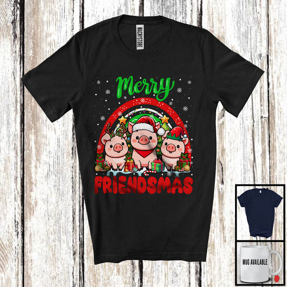 MacnyStore - Merry Friendmas, Amazing Christmas Three Pig Santa ELF Reindeer, Rainbow Snowing T-Shirt