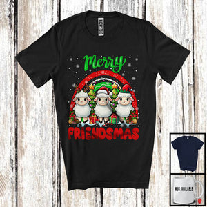 MacnyStore - Merry Friendmas, Amazing Christmas Three Sheep Santa ELF Reindeer, Rainbow Snowing T-Shirt