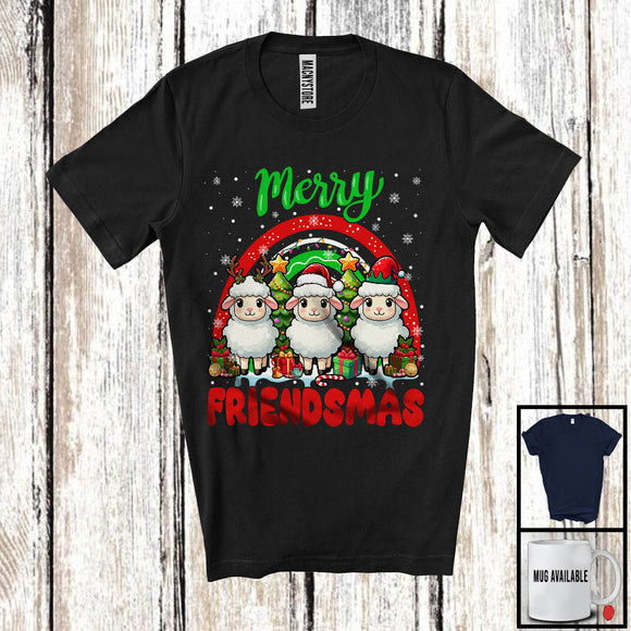 MacnyStore - Merry Friendmas, Amazing Christmas Three Sheep Santa ELF Reindeer, Rainbow Snowing T-Shirt