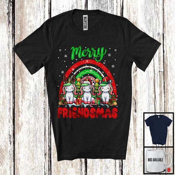 MacnyStore - Merry Friendmas, Amazing Christmas Three Unicorn Magical Santa ELF, Rainbow Snowing T-Shirt