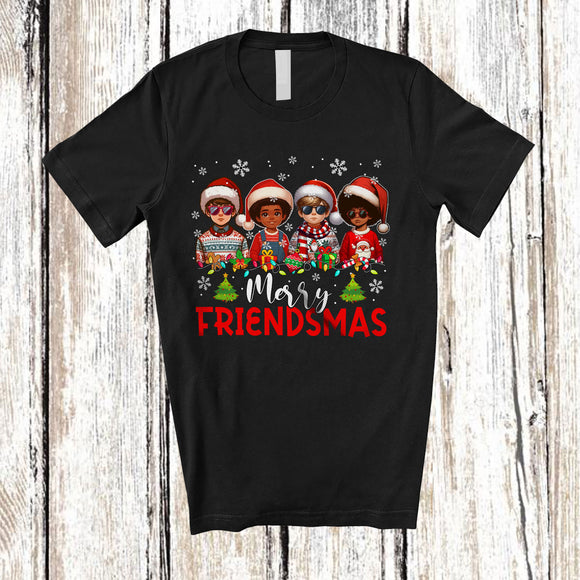 MacnyStore - Merry Friendsmas; Adorable Christmas Lights Santa African American Boy; Friends Group.png T-Shirt