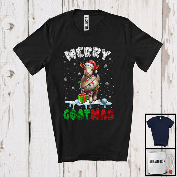 MacnyStore - Merry Goatmas; Adorable Christmas Santa Goat; X-mas Lights Snowing Farm Farmer T-Shirt