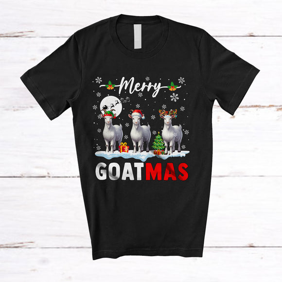 MacnyStore - Merry Goatmas; Amusing Christmas Snow Three  Santa Elf Reindeer Goat; Farm Farmer T-Shirt