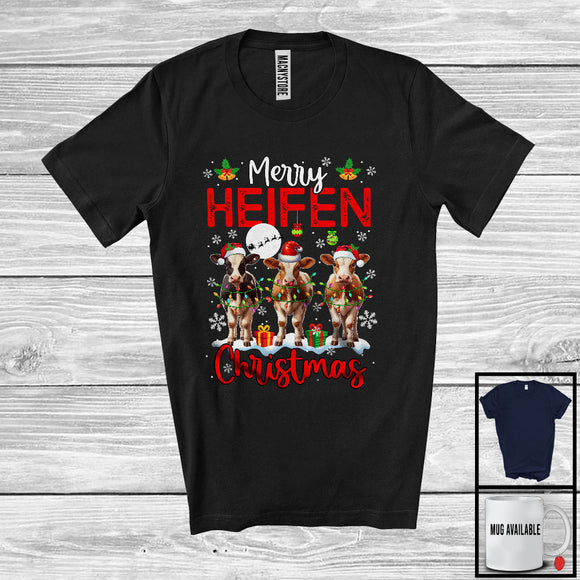 MacnyStore - Merry Heifen Christmas; Joyful X-mas Lights Three Santa Cows; Farm Animal Farmer T-Shirt