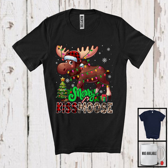 MacnyStore - Merry Kissmoose; Adorable Christmas Lights Moose Santa Reindeer Leopard Plaid; Couple Family T-Shirt