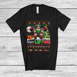 MacnyStore - Merry Liftmas; Humorous Christmas Muscle Elf Weightlifting; Sweater Gym Workout Group T-Shirt