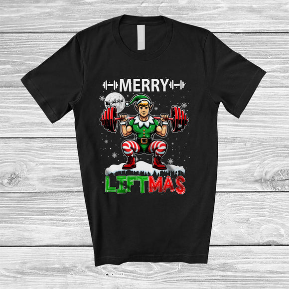 MacnyStore - Merry Liftmas; Humorous Christmas Muscle Elf Weightlifting; X-mas Gym Workout Group T-Shirt