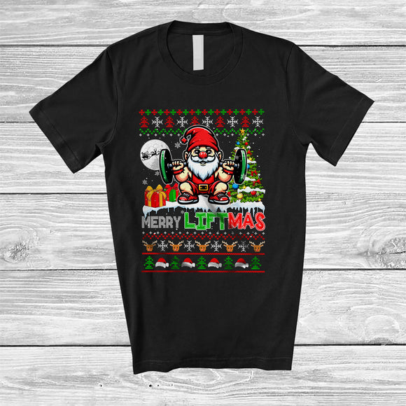 MacnyStore - Merry Liftmas; Humorous Christmas Muscle Gnome Weightlifting; Sweater Gym Workout Group T-Shirt