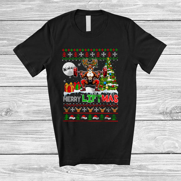 MacnyStore - Merry Liftmas; Humorous Christmas Muscle Reindeer Weightlifting; Sweater Gym Workout Group T-Shirt