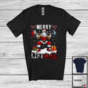 MacnyStore - Merry Liftmas; Wonderful Christmas Snowing Santa Weightlifting; X-mas Fitness Workout Group T-Shirt