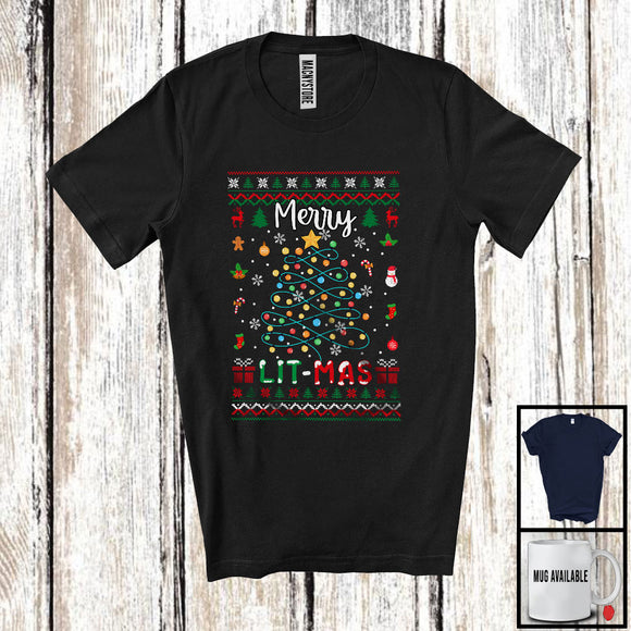 MacnyStore - Merry Lit-mas; Amazing Christmas Lights Tree Snowing Around; X-mas Sweater Family Group T-Shirt