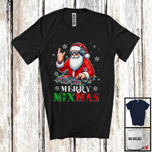 MacnyStore - Merry Mixmas; Cheerful Christmas Lights Santa DJ Sunglasses; Music Lover Snowing Around T-Shirt