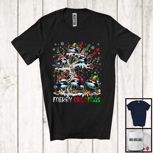 MacnyStore - Merry Orcamas; Joyful Christmas Santa Elf Reindeer Orca On X-mas Tree, Sea Animal Lover T-Shirt