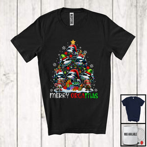 MacnyStore - Merry Orcamas; Joyful Christmas Tree Santa Elf Reindeer Orca; X-mas Sea Animal Lover T-Shirt