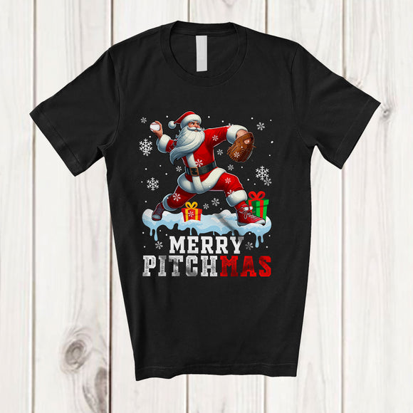 MacnyStore - Merry Pitchmas; Fantastic Christmas Santa Baseball Pitcher Player Team; Snowing Family T-Shirt