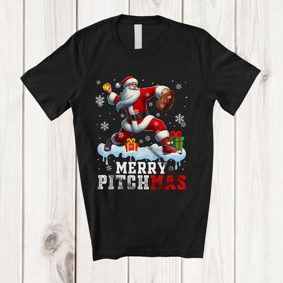 MacnyStore - Merry Pitchmas; Fantastic Christmas Santa Softball Pitcher Player Team; Snowing Family T-Shirt