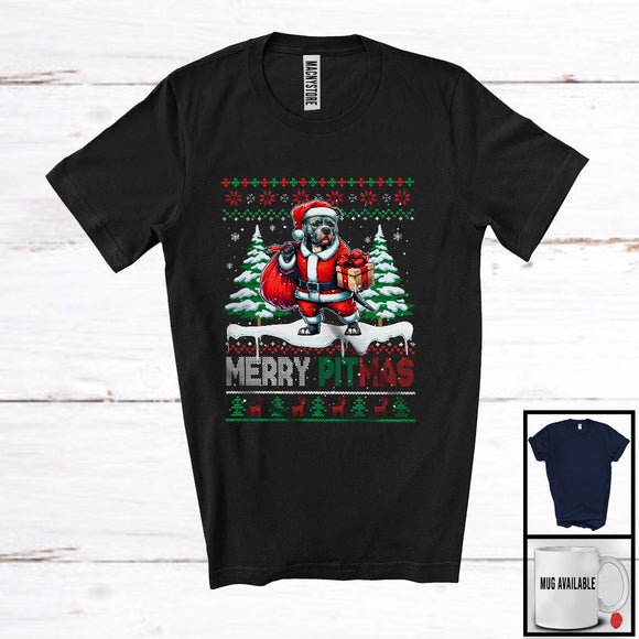 MacnyStore - Merry Pitmas; Humorous Christmas Sweater Pit Bull Santa With X-mas Tree; Family Group T-Shirt