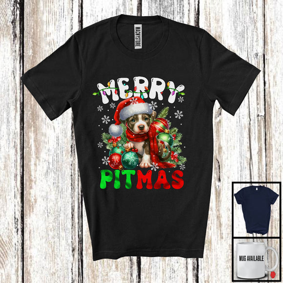 MacnyStore - Merry Pitmas; Joyful Christmas Santa Pit Bull With X-mas Lights Ornament; Family Group T-Shirt