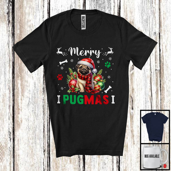 MacnyStore - Merry Pugmas; Adorable Christmas Pug Santa; X-mas Ornaments Snowing Around T-Shirt