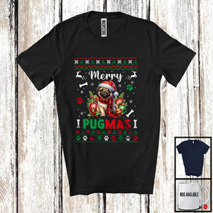 MacnyStore - Merry Pugmas; Adorable Christmas Sweater Pug Santa; X-mas Ornaments Snowing Around T-Shirt