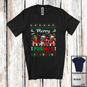 MacnyStore - Merry Pugmas; Adorable Christmas Sweater Three Santa Pug; X-mas Ornaments Snowing T-Shirt