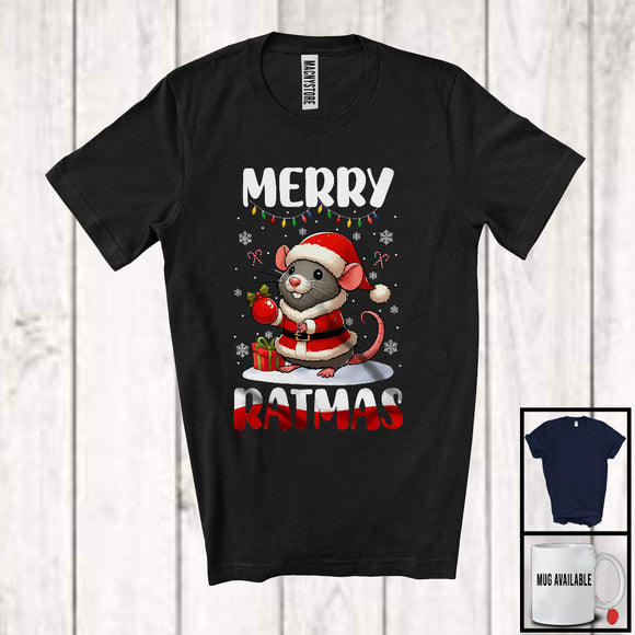 MacnyStore - Merry Ratmas; Adorable Christmas Lights Santa Rat Snowing Around; Trash Animal Lover T-Shirt