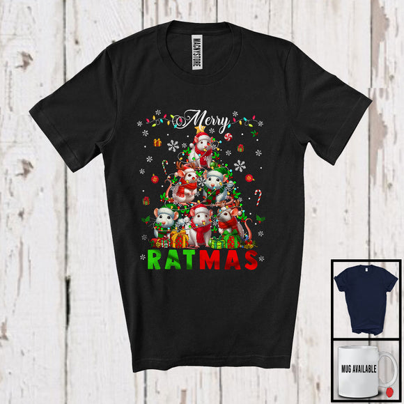 MacnyStore - Merry Ratmas; Humorous Christmas Reindeer Elf Santa Rat Christmas Tree; X-mas Animal Lover T-Shirt