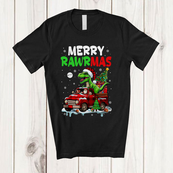 MacnyStore - Merry Rawrmas; Awesome Christmas Plaid Santa T-Rex Dinosaur Riding Pickup Truck; Family T-Shirt