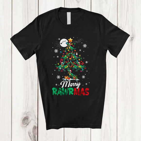 MacnyStore - Merry Rawrmas; Awesome Christmas Tree Lights Santa T-Rex Dinosaur; Snowing Family T-Shirt