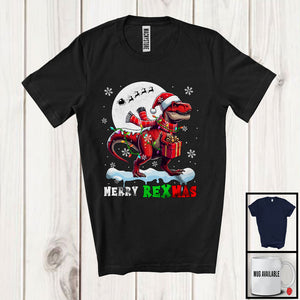 MacnyStore - Merry Rexmas; Awesome Christmas Santa T-Rex Snowing Moon; Dinosaur Lover Family Group T-Shirt