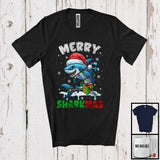 MacnyStore - Merry Sharkmas; Adorable Christmas Santa Shark Animal; X-mas Lights Snowing Family Group T-Shirt