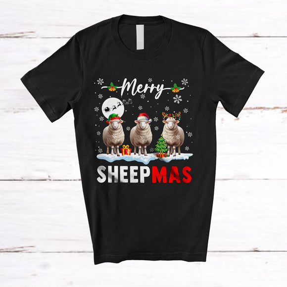 MacnyStore - Merry Sheepmas; Amusing Christmas Snow Three  Santa Elf Reindeer Sheep; Farm Farmer T-Shirt