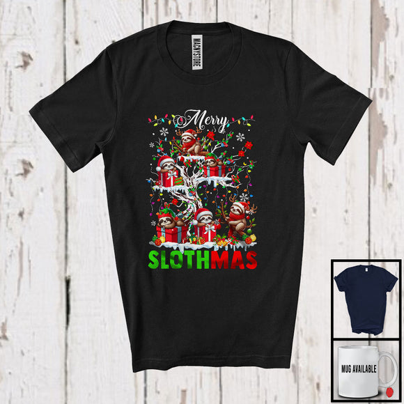 MacnyStore - Merry Slothmas; Humorous Christmas Reindeer Elf Santa Sloth On Christmas Tree; X-mas Animal T-Shirt