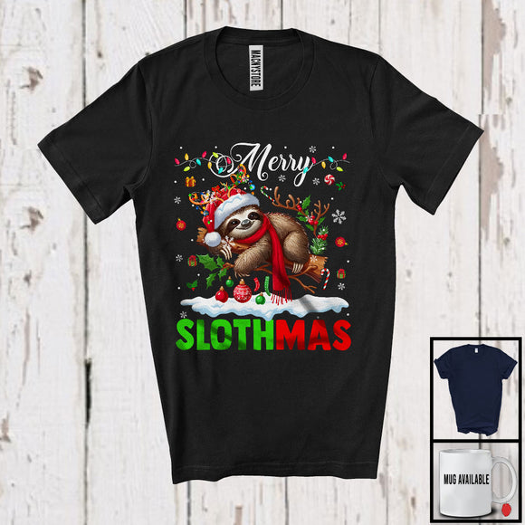 MacnyStore - Merry Slothmas; Humorous Christmas Reindeer Santa Sloth; Matching X-mas Animal Lover T-Shirt