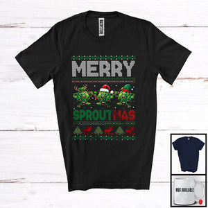 MacnyStore - Merry Sproutmas; Amazing Christmas Sweater Three Santa Elf Reindeer Brussel Sprouts; Vegan T-Shirt