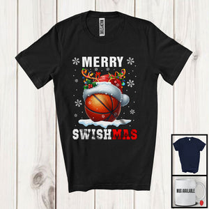 MacnyStore - Merry Swishmas; Joyful Christmas Santa Reindeer Basketball; Sport Playing Player Team T-Shirt